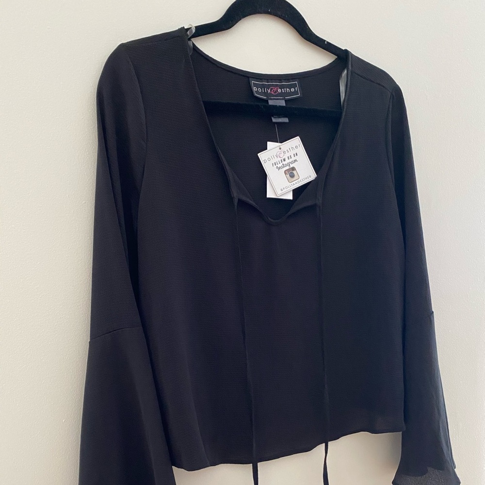 Black bell sleeves sheer blouse